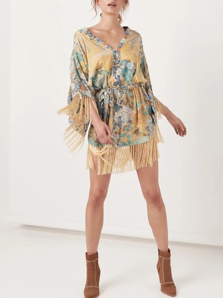 Летние шикарные Boho кисточкой сращены кимоно с цветочным принтом платье 2019 модные