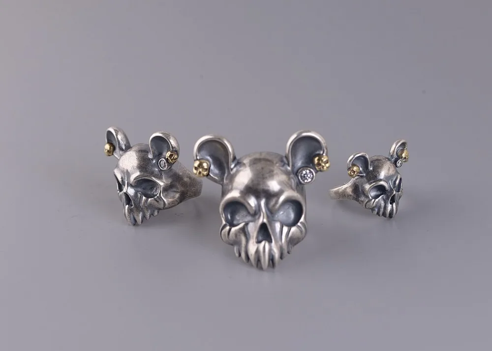 925 пробы Серебряный мышь мыши череп влюбленных Кольцо кольца jewelry для женщин мужчин модные украшения A3009