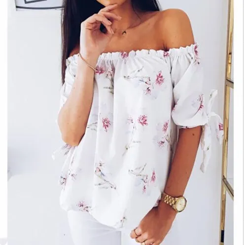 2019 Summer Women Lady Blouse Off Shoulder Ruffle Tops Long Sleeve Floral Print Shirt Loose Casual Fashion Clothing | Женская одежда