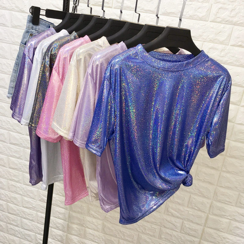 Папа Чен Блестящая футболка Свободная Femme Bling Топы для женщин короткий рукав О образным вырезом Клубная одежда модная уличная женская одежда
