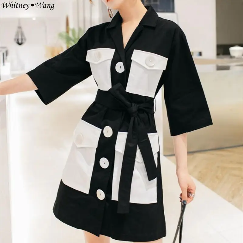 WHITNEY WANG 2019 Summer Fashion Streetwear Colors Contrast Pockets Big Buttons Sashes Shirt Dress Women Casual | Женская одежда