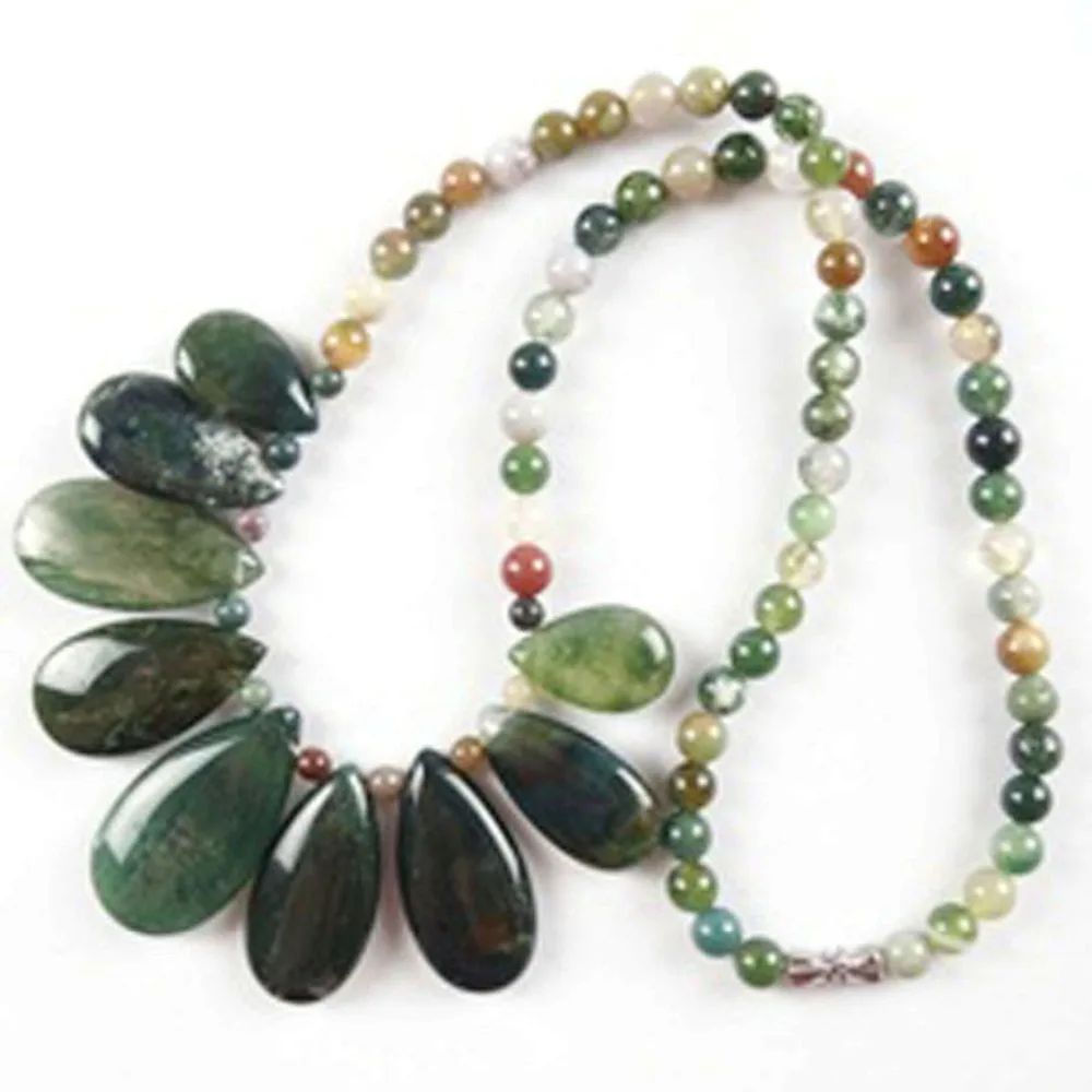 

Gorgeous Charming Beautiful Indian Agates Round Beads Teardrop Pendant Jewelry Necklace 17.5 inch