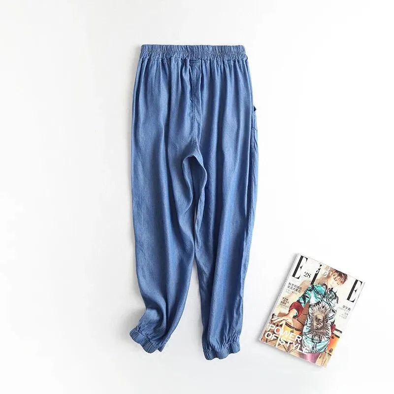 Брюки женские джинсовые однотонные модные повседневные свободные