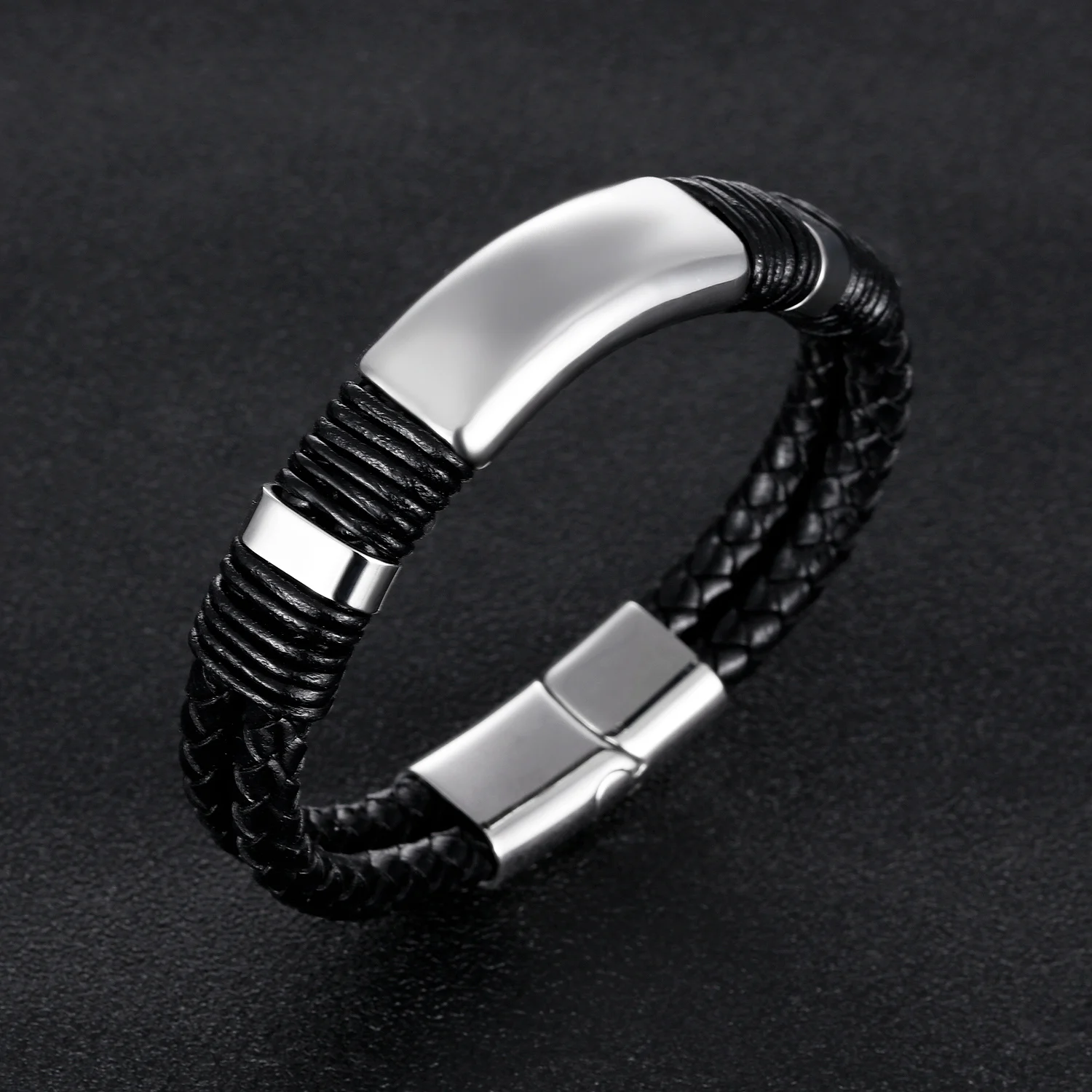 OPK Top Quality Black Leather Bracelet Men 14.5MM Wide Sloppy Braided Weaved Charms Custimized Engraving Jewelry PH1254 | Украшения и
