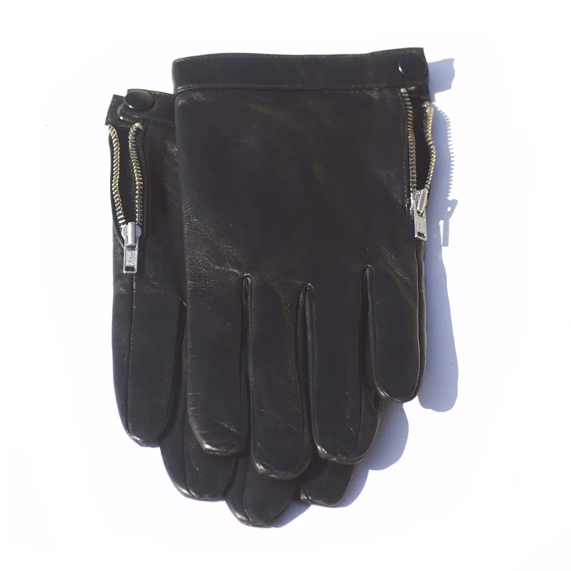 

men side button with zip whole piece of Italy leather lambskin gloves black
