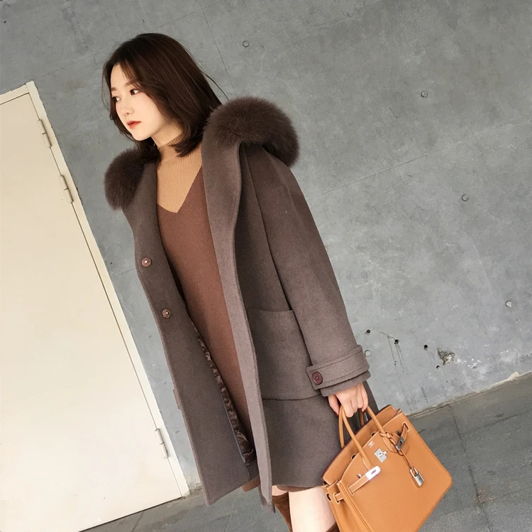 Women wool coat Office Lady Hooded Women Wool Blend Coat Double Breasted Solid Cashmere Jacket Slim Regular Ladies Coats C338