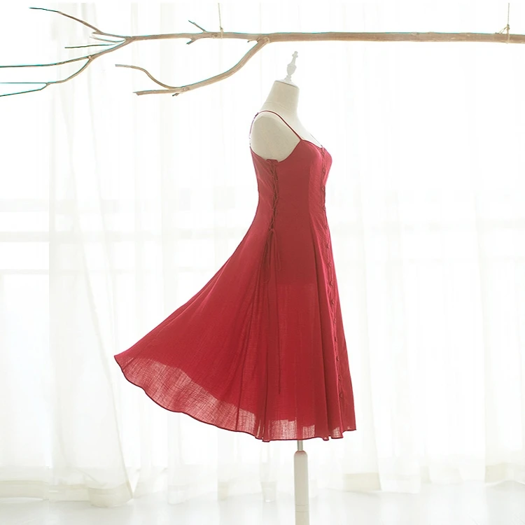 

MM182 Original Design Summer 2017 vintage lace up spaghetti straps a line midi long sleeveless shirt dress red