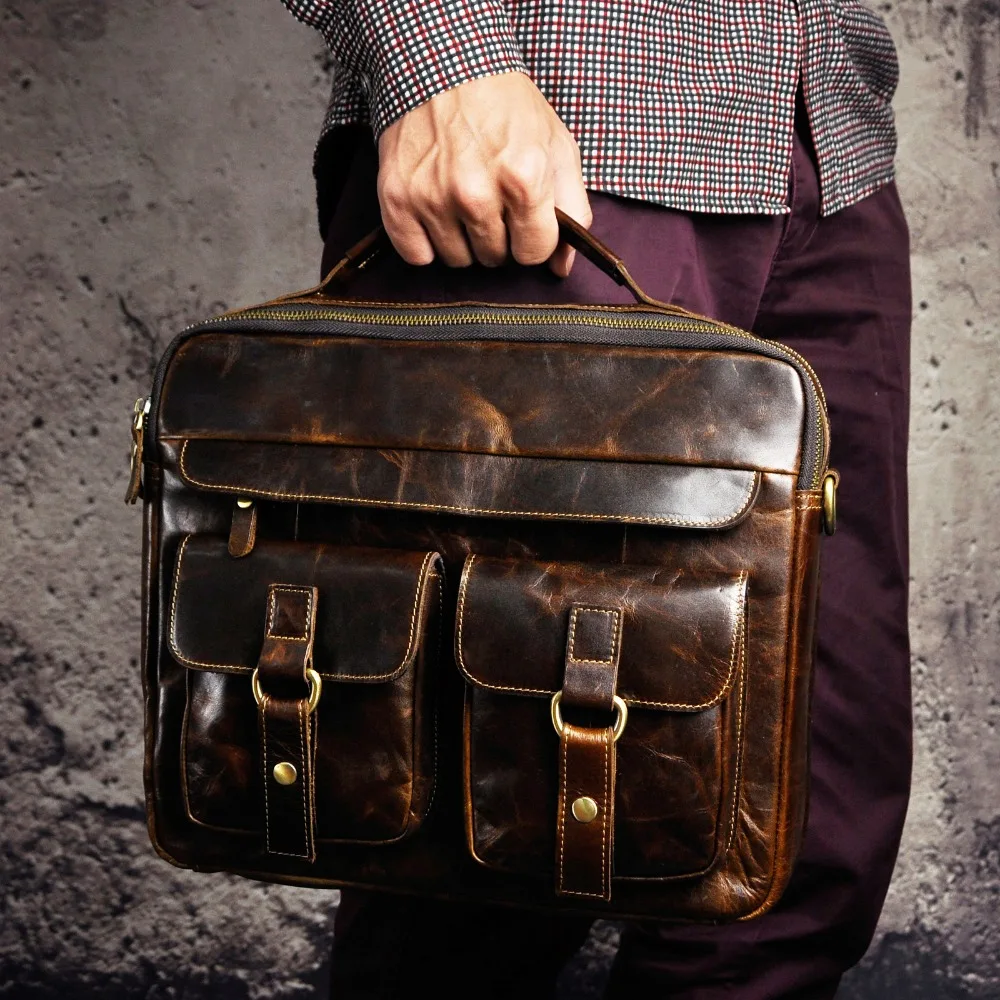

Men Quality Leather Antique Travel Business Briefcase 13" Laptop Case Attache Portfolio Bag One Shoulder Messenger Bag B207-c