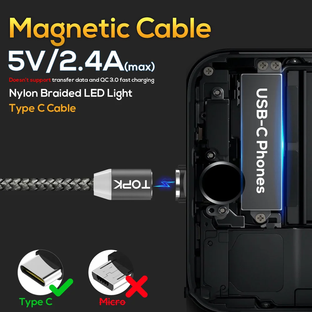 Topk R-Line1 светодиодный Магнитная Тип USB C кабель обновлен Светоотражающий Нейлон