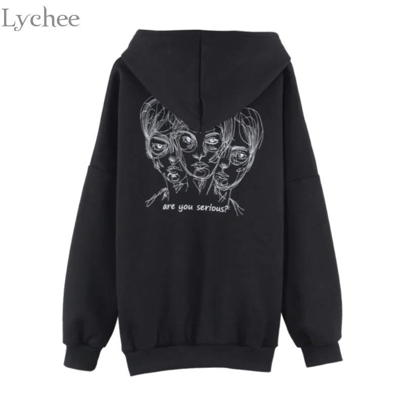 Lychee Harajuku панк осень зима для женщин толстовка с капюшоном голова вышивка длинным рукавом Повседневные Свободные флисовые толстовки спортивный костюм