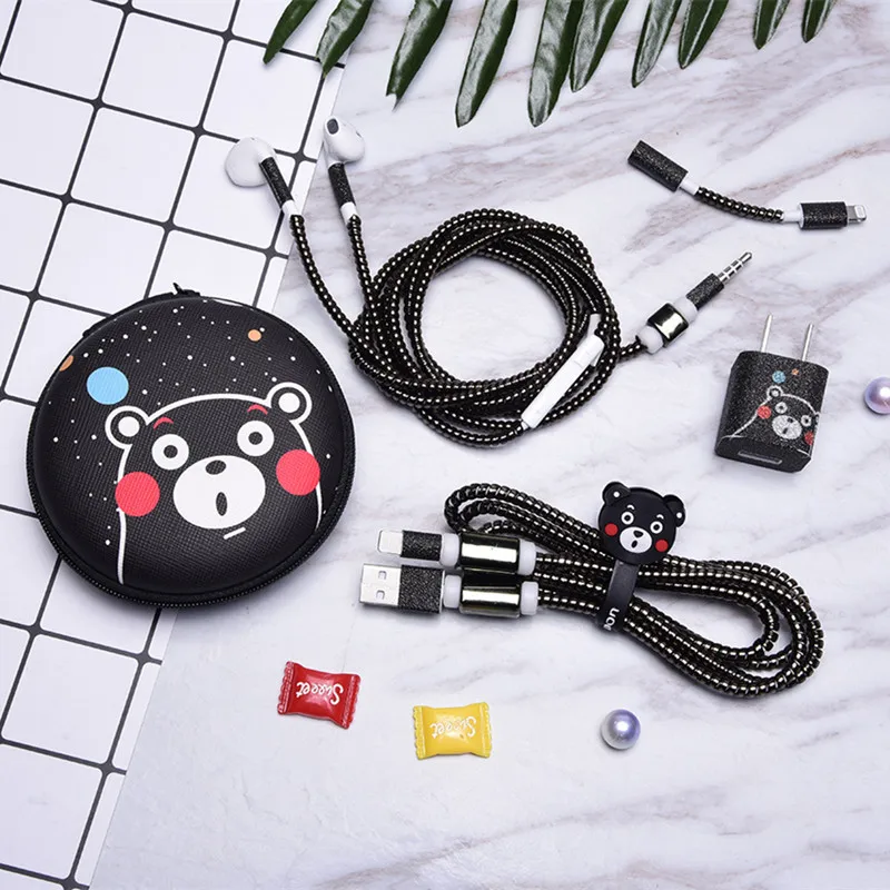 New Cartoon USB Cable Earphone Protector Set With Box Winder Stickers Spiral Cord For iPhone 7 6 6s 8 X | Электроника