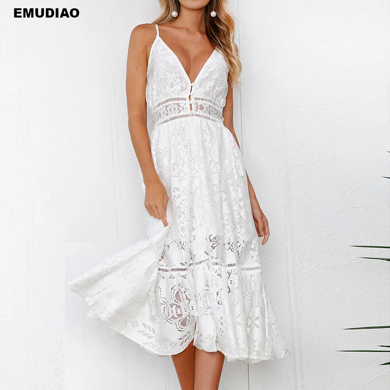 Sexy Lace Spaghetti Strap White Dress Women Elegant Summer Fashion V-Neck Sleeveless Evening Party | Женская одежда