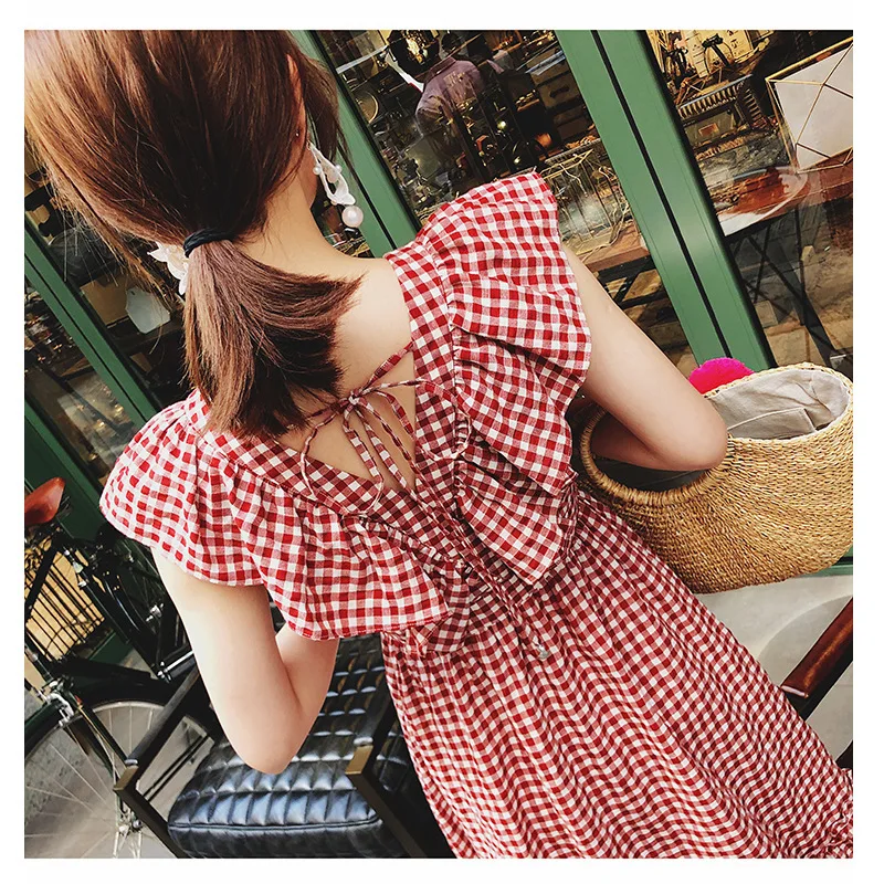 Women Casual Red White Plaid Summer Long Dress Ruffle Edge V-neck High Waist Sleeveless Sundress Big Size New Arrival Hot Sale | Женская