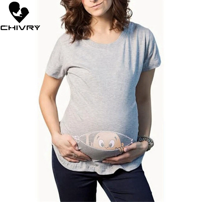 Chivry/Футболка для беременных; женская летняя повседневная Милая футболка с круглым вырезом и рисунком для малышей; футболки с короткими рукавами для беременных и мам; топы для беременных