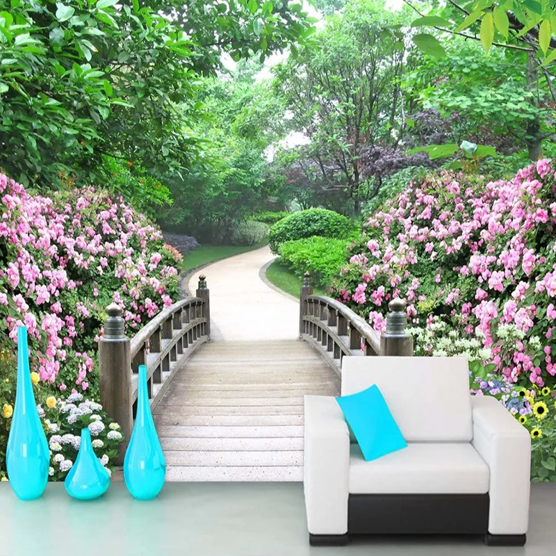 Настенные обои в пасторальном стиле с изображением сада деревянного моста |