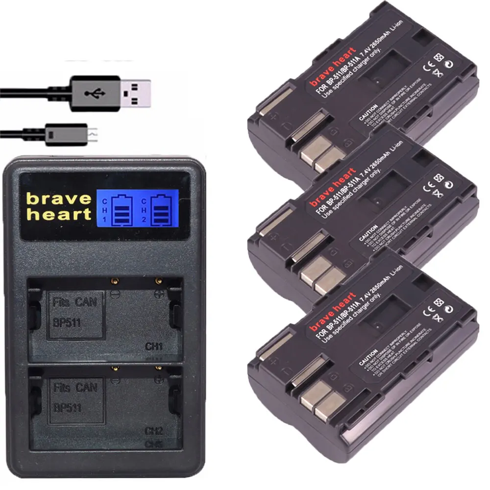 charger and 3battery 3x BP-511 BP511 BP 511 BP-511A Батарея+ двойной Зарядное устройство для Canon G6 G5 G3 G2 G1 EOS 300D 50D 40D 30D 20D 5D MV300i цифровой Камера - Цвет: charger and 3battery