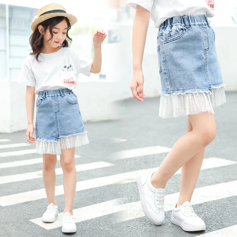 Для девочек-подростков джинсовая юбка-пачка летний детей с кружевом жемчугом