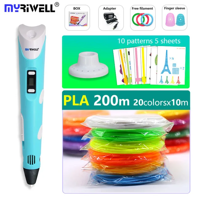 Myriwell 3d Ручка 3 d ручка включает PLA 200 м 3d принтер ручка детский инструмент для рисования волшебная ручка лучший подарок рождественские подарки - Цвет: Blue and pla200m