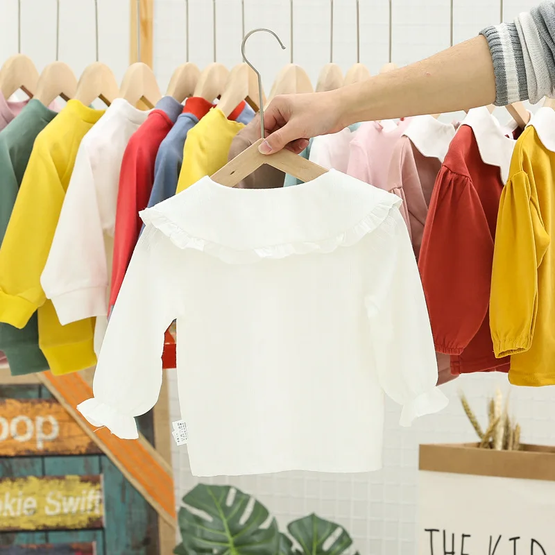 Dollplus/детские белые рубашки для маленьких девочек; Осенняя детская одежда с длинными рукавами; милые топы для малышей; блузки с оборками и отложным воротником для девочек