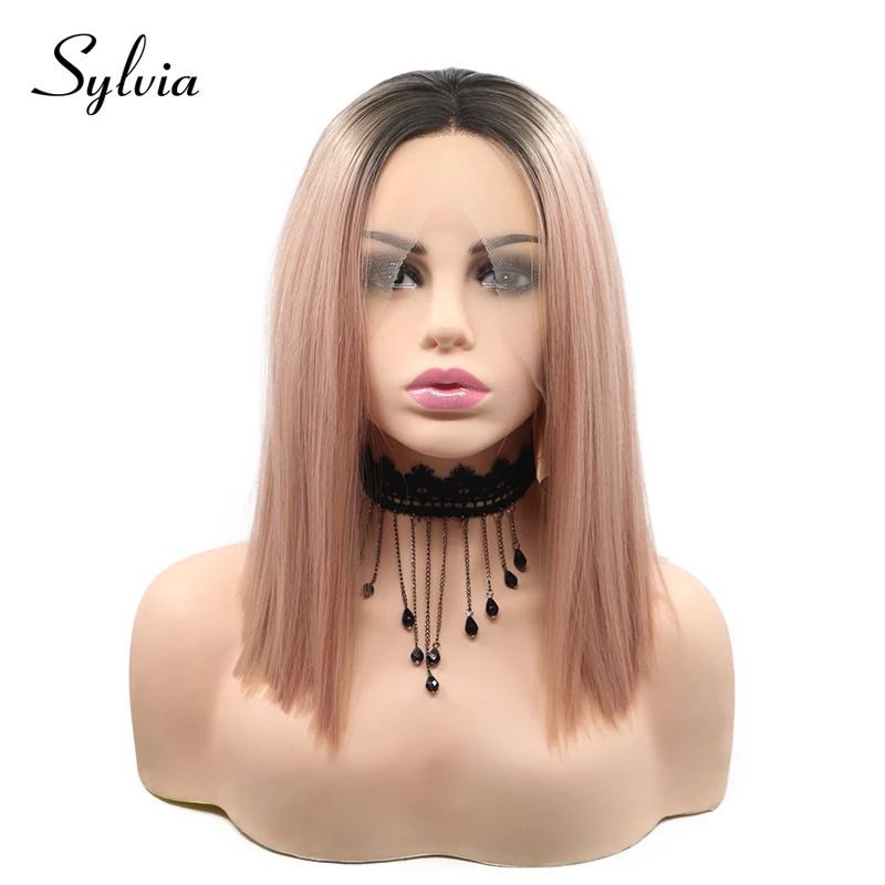 

Sylvia Peach Pink Ombre Short Straight Synthetic Lace Front Wigs with Dark Roots Natural Pink Bob Hairstyle Heat Resistant Fiber