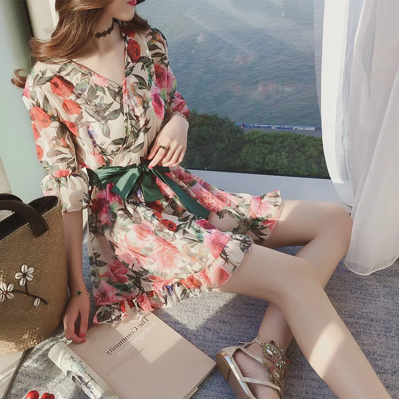 Женский шифоновый комбинезон с цветочным принтом свободные шорты коротким