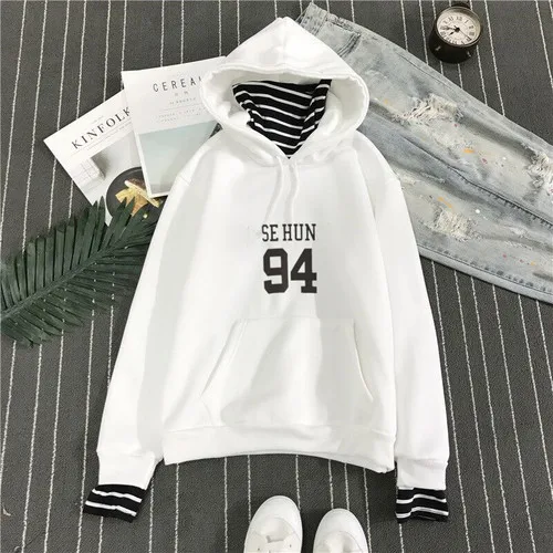Kpop exo harajuku полосатый воротник свободные поддельные два плюс бархат пуловер с капюшоном женский корейский студенческий k-pop exo осень зима - Цвет: 23