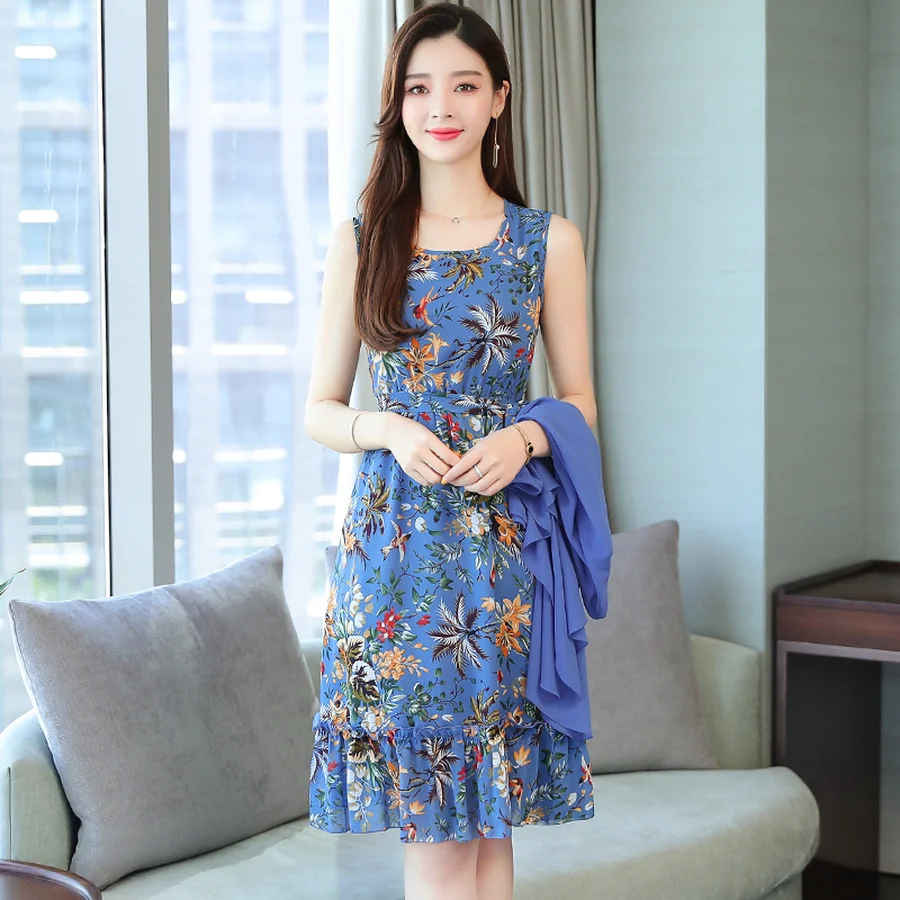 Elegant Floral Chiffon Two Piece Set Dresses Summer Vintage 4XL Plus Size Print Midi Sundress Women Bodycon Party Vestidos