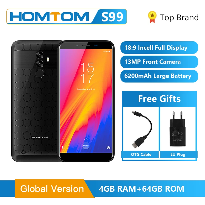 HOMTOM S99 Face ID 6200 мАч 4 Гб 64 смартфон 5 дюймовый Безель 21 Мп две задние камеры Android 8 0