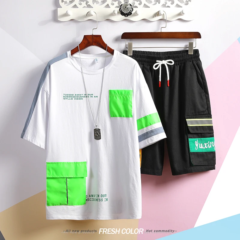 Мужской комплект из двух предметов футболка в стиле хип хоп с круглым вырезом и коротким рукавом летний
