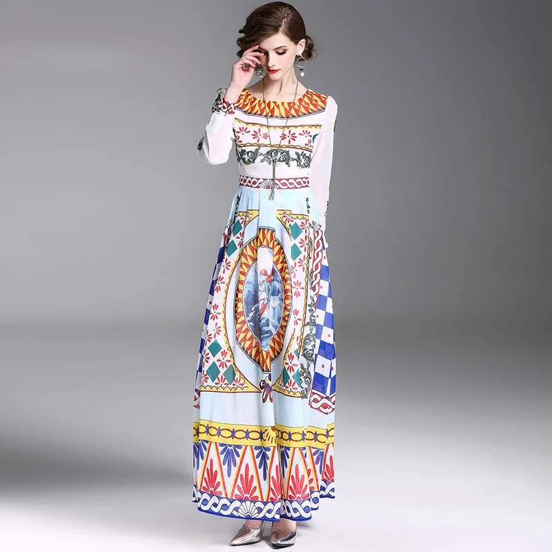 Elegant Ladies Long Dress 2019 Summer Women O Neck Sleeve Slim Waist Print Party Vestidos | Женская одежда