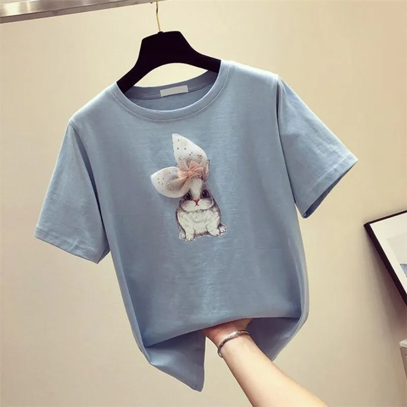 2019 летние женские топы с мультяшным Кроликом футболка леопардовым бантом модные