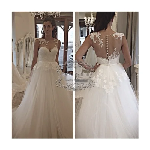 Vestido Де Novia 2017 Кружева Аппликации Шеи See Through Вернуться Cap Рукава Бальное платье с