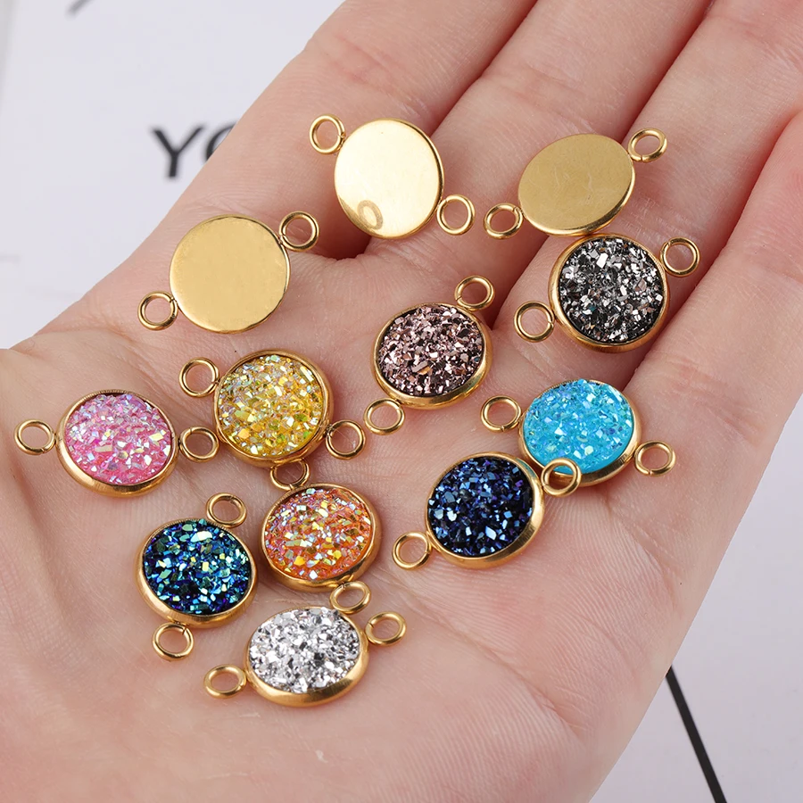

Fnixtar 10mm PVD Gold Color Stainless Steel Charms Connector Colorful Druzy Stone Charm For DIY Jewelry Making 30pcs/lot