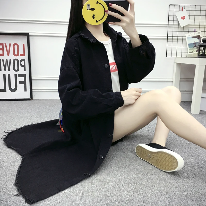 

2019 New Boyfriend Style Printed Casual Loose Black Vintage Hole Burr Denim Jacket Women Long Sleeve Coat Jackets Women's Tops