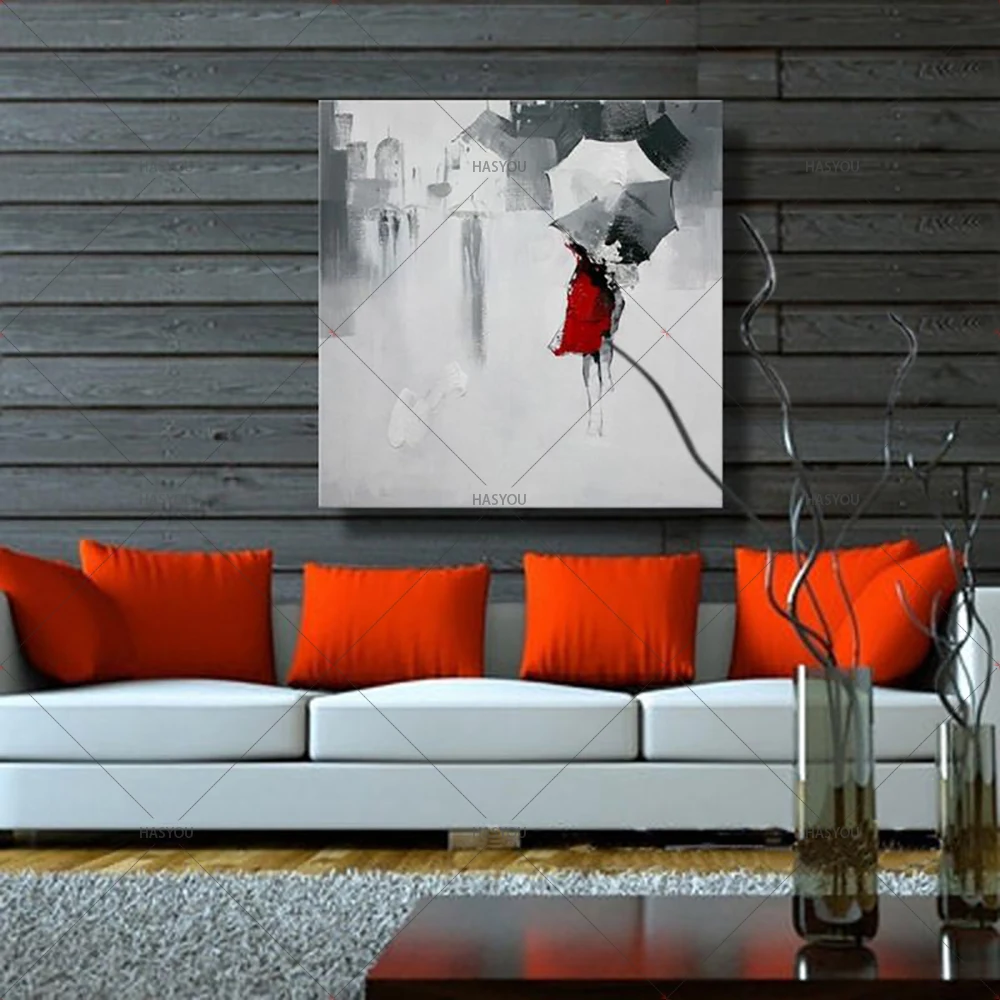 Walk girl in red umbrella картина с дождем маслом на холсте украшение для дома гостиной или