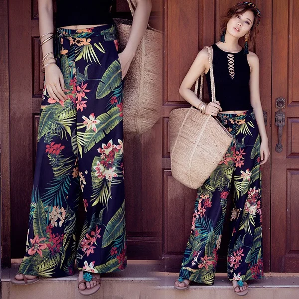 A10 Летние новые винтажные Свободные Штаны Boho с высокой талией, свободные длинные женские брюки с цветочным принтом, повседневные женские пляжные штаны для отдыха - Цвет: A10
