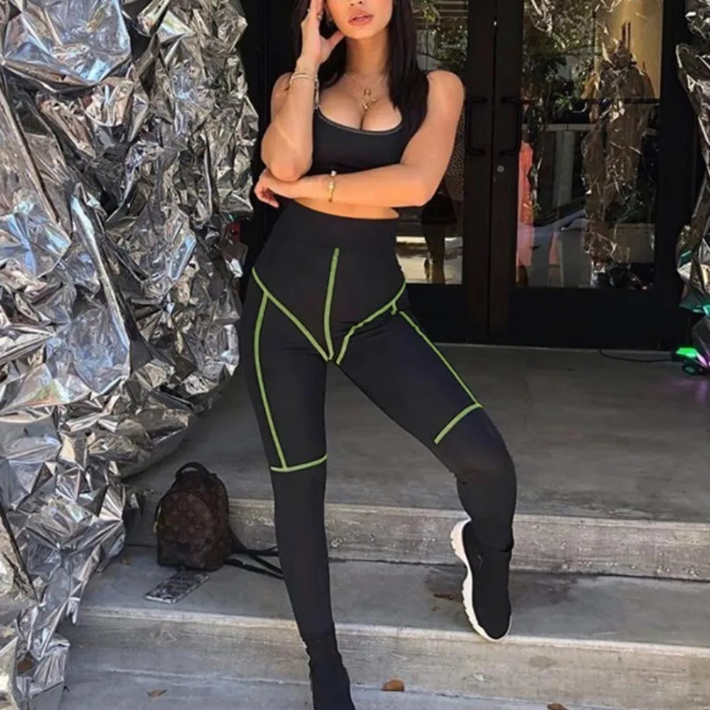 Женские черные леггинсы с высокой талией тянущиеся для фитнеса 2019 Модные женские