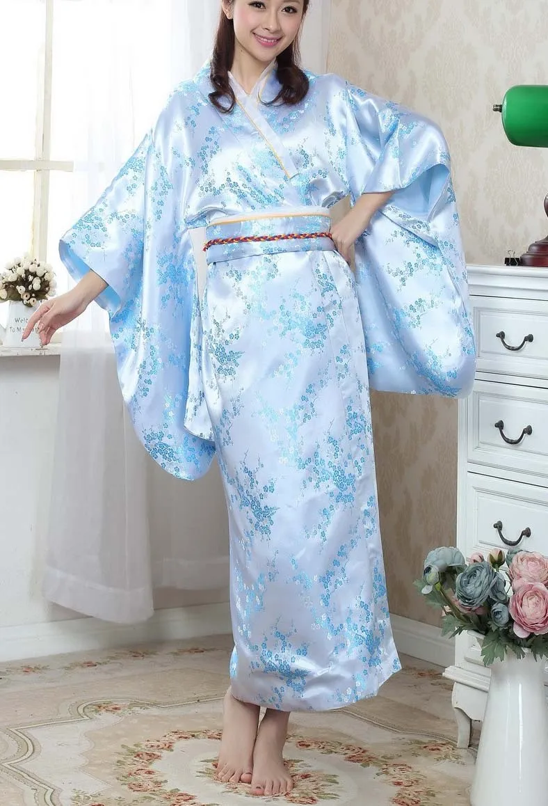Light Blue Черное Красное японское женское шелковое кимоно юката хаори с Obi представление сценическая одежда Цветок Один размер JK023 - Цвет: Light Blue