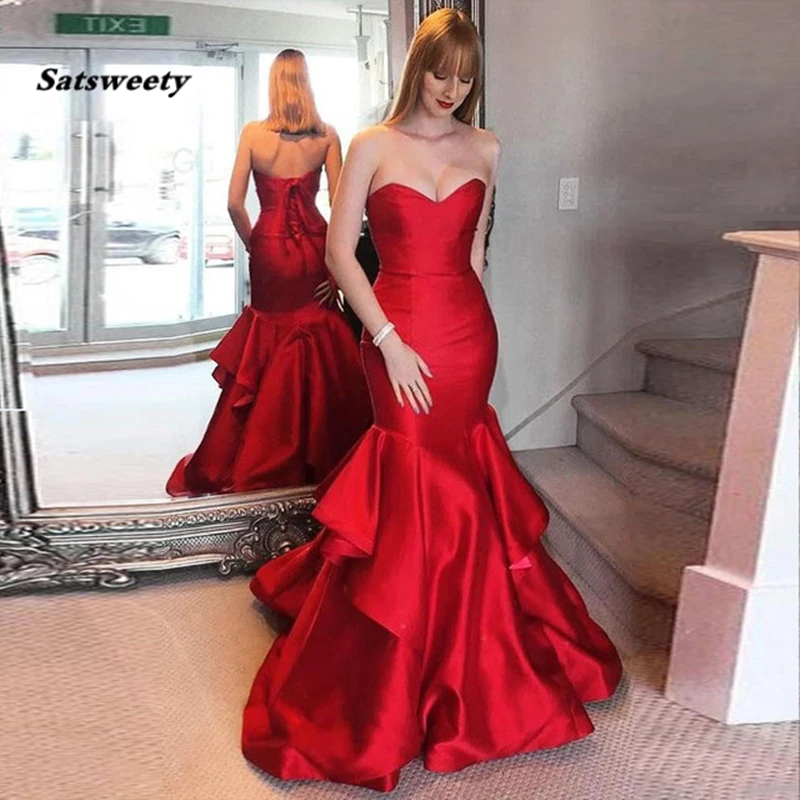 

Simple Red Mermaid Evening Dresses Sweetheart Ruffles Satin Floor Length Bandage Long Women Prom Party Dresses