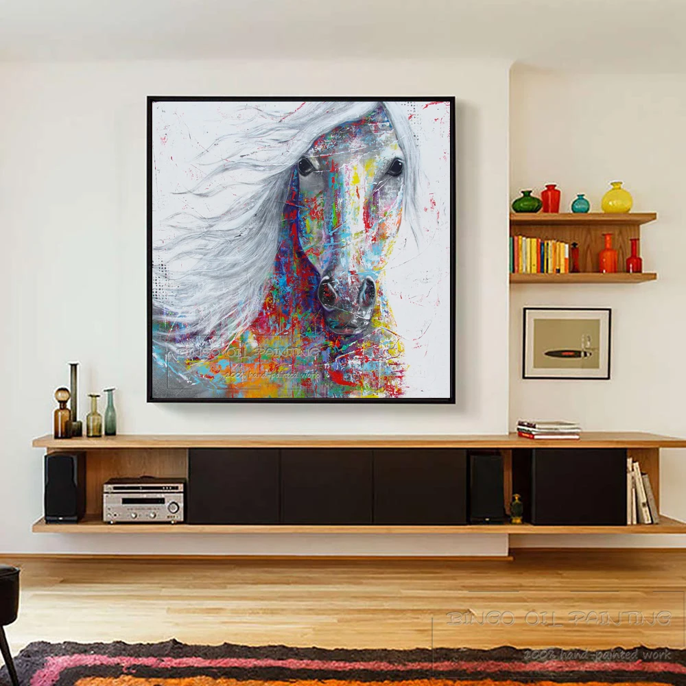 Ручная высококачественная абстрактная современная картина маслом на холсте "Лошадь" с яркими цветами, модное искусство для украшения стены.