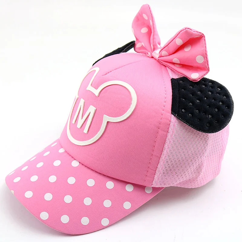 Шляпка для Девочки уши Микки бант узел дети Snapback мальчик демисезонная бейсболка Beanie ведро Кепка s Осень Дети мальчики девочки шляпа от солнца - Цвет: mesh pink M