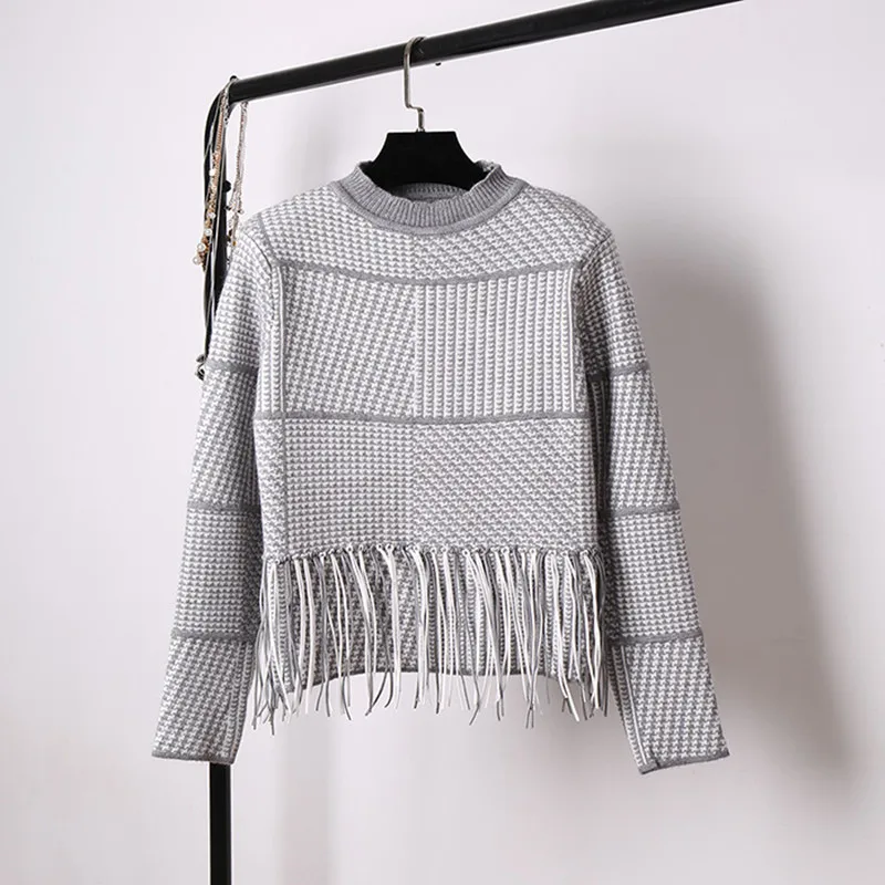 Houndstooth batwing sweater women 2018 autumn winter pullover feminino vintage korean fashion tassel knitted plaid thick | Женская
