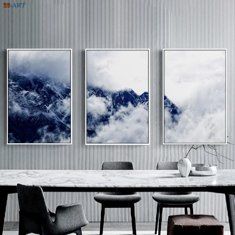Туманной горы печати Индиго Лес Холст Картина минималистский синий Wall Art