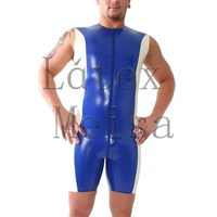 100 natural latex catsuit sleeveless fetish mens latex zentai with front zip main in blue with white trim colors