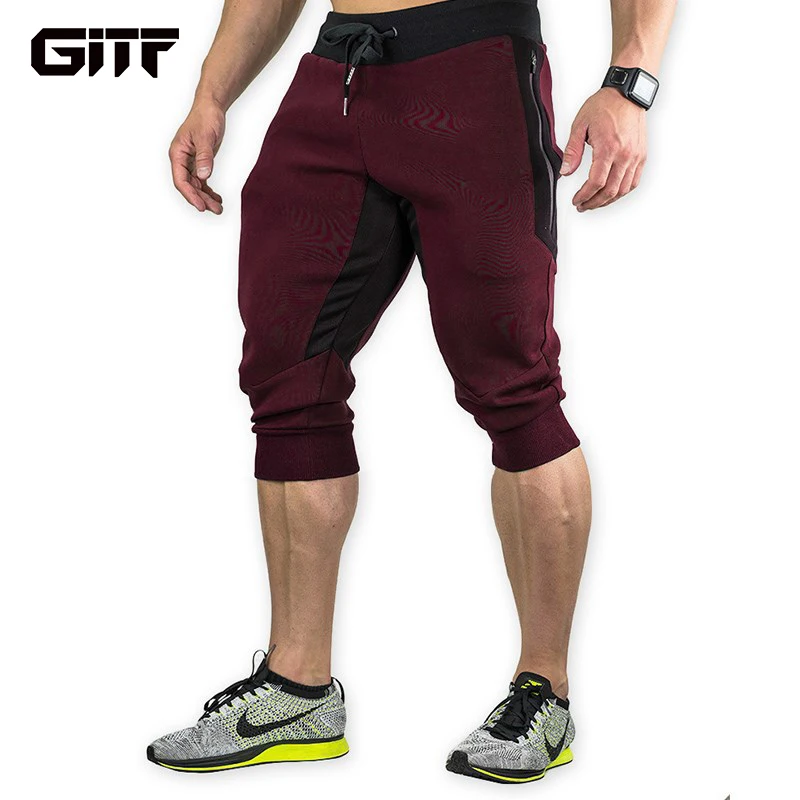 GITF Men's Sports Gym Athletic Shorts Middle trousers elastic band zipper pocket sports man middle soft cotton blend Running