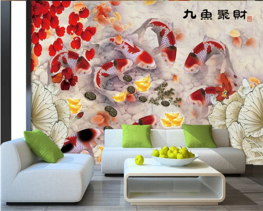 

Beibehang 3d custom wallpaper home decoration wallpaper nine fish poly money picture 3D living room background photo wallpaper