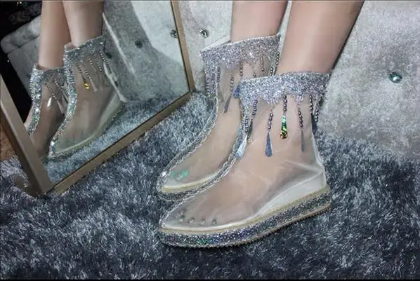 Плюс Размеры Кристалл кисточкой Botas Mujer Прозрачный Прозрачная сетка женские ботильоны Rhinestone обтягивающие сапоги на высокой платформе