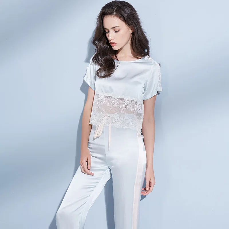 Summer Pure Real Silk Pajamas Set Women Sexy Lace Short Sleeves Top + Pants Nightwear Sleepwear Homewear Pijama Femme Pyjama