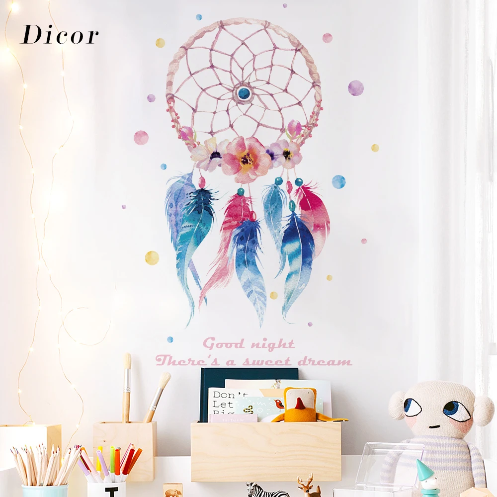Ловец снов стикер на стену Разноцветные перья Настенный декор ручной работы