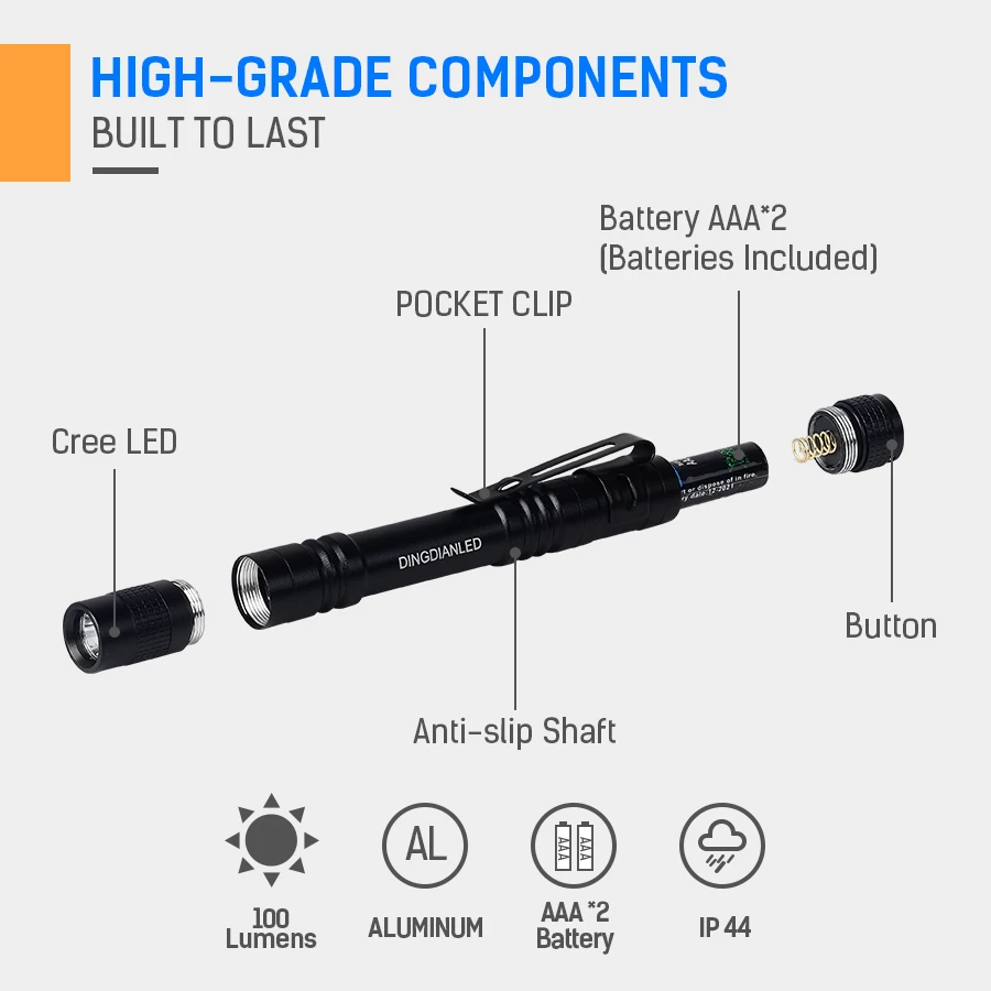 DINGDIAN LED 100LM Pen Flashlight Easy Carry Camping Light Powerful AAA*2 Battery Torch Waterproof Tactical Outdoor Lamp | Освещение